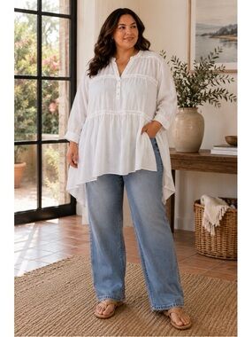 Relaxed White Gauze Tunic with Button Henley
